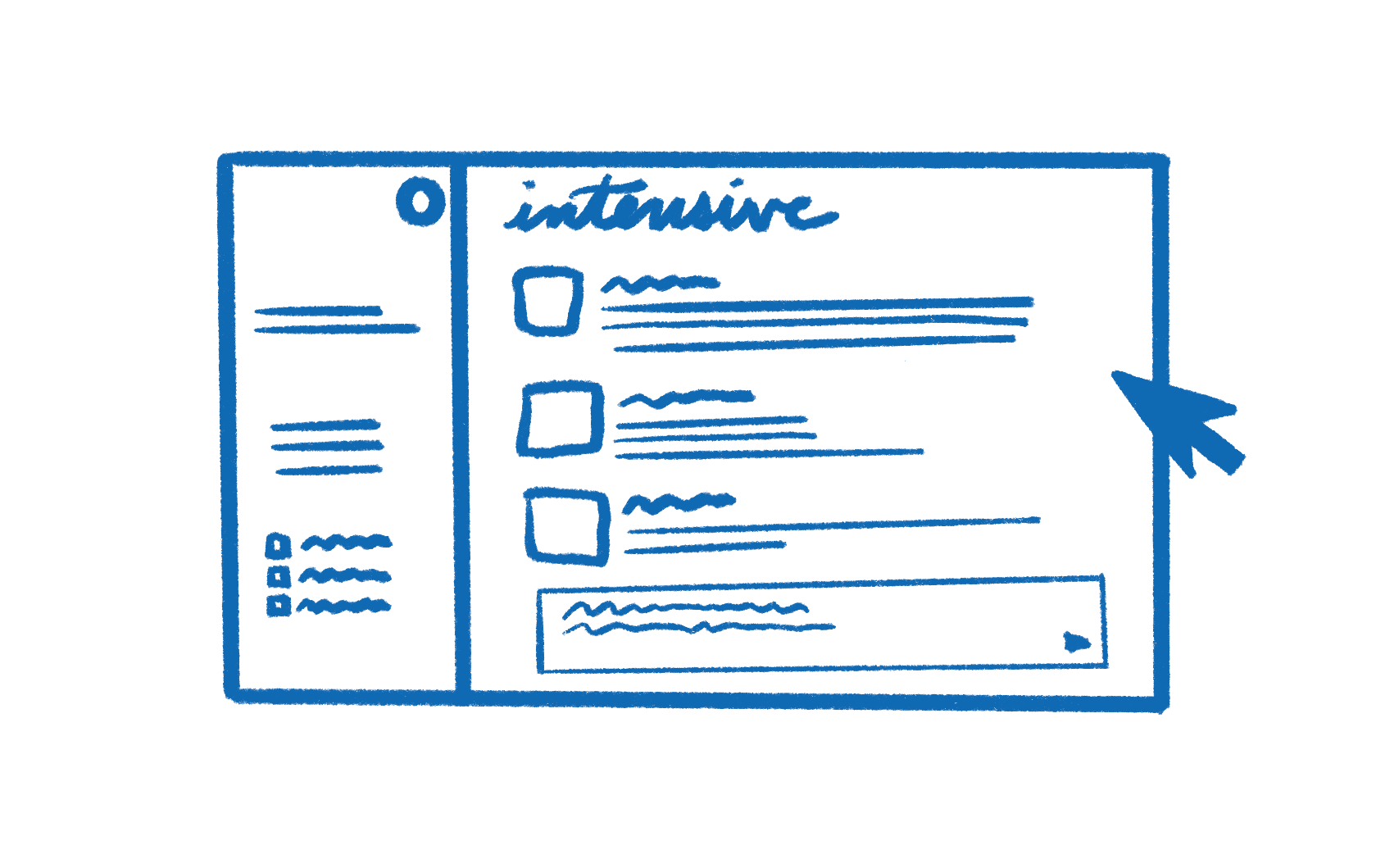 sketch of a website on the screen, done in a blue pen style