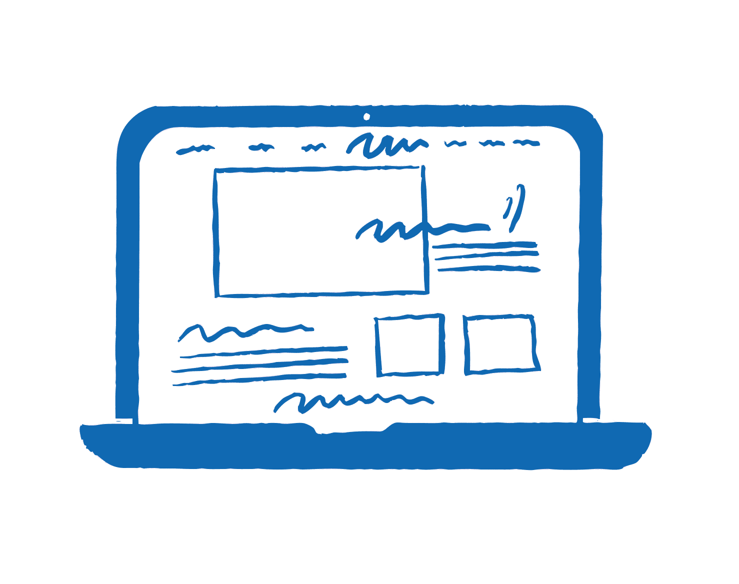 sketch of a laptop with a website on the screen, done in a blue pen style