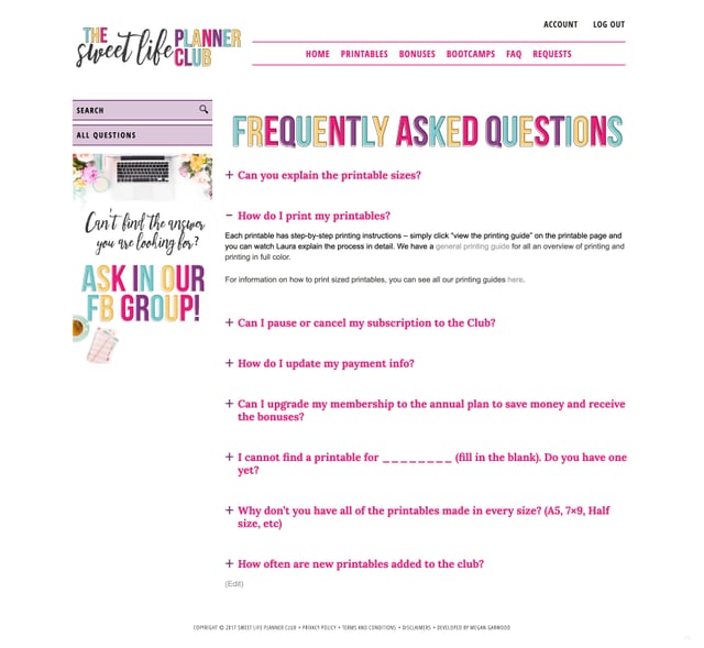 Screenshot of the Sweet Life Planner Club member FAQ on a laptop screen