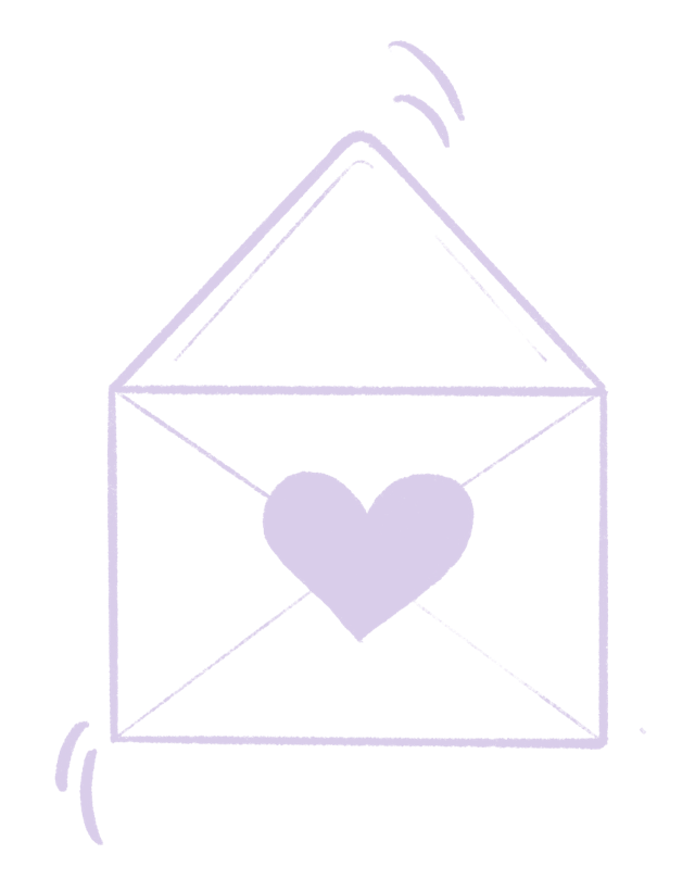 Illustrated icon of open envelope with a heart on it, drawn in lavender
