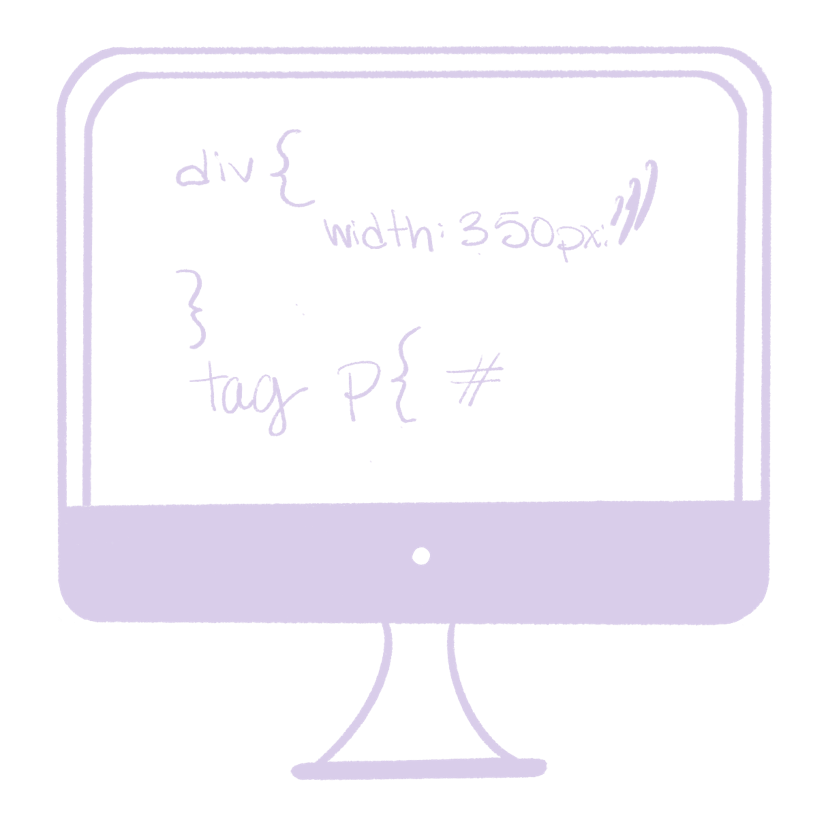 Illustrated icon of iMac monitor with psuedocode on the screen, drawn in lavender
