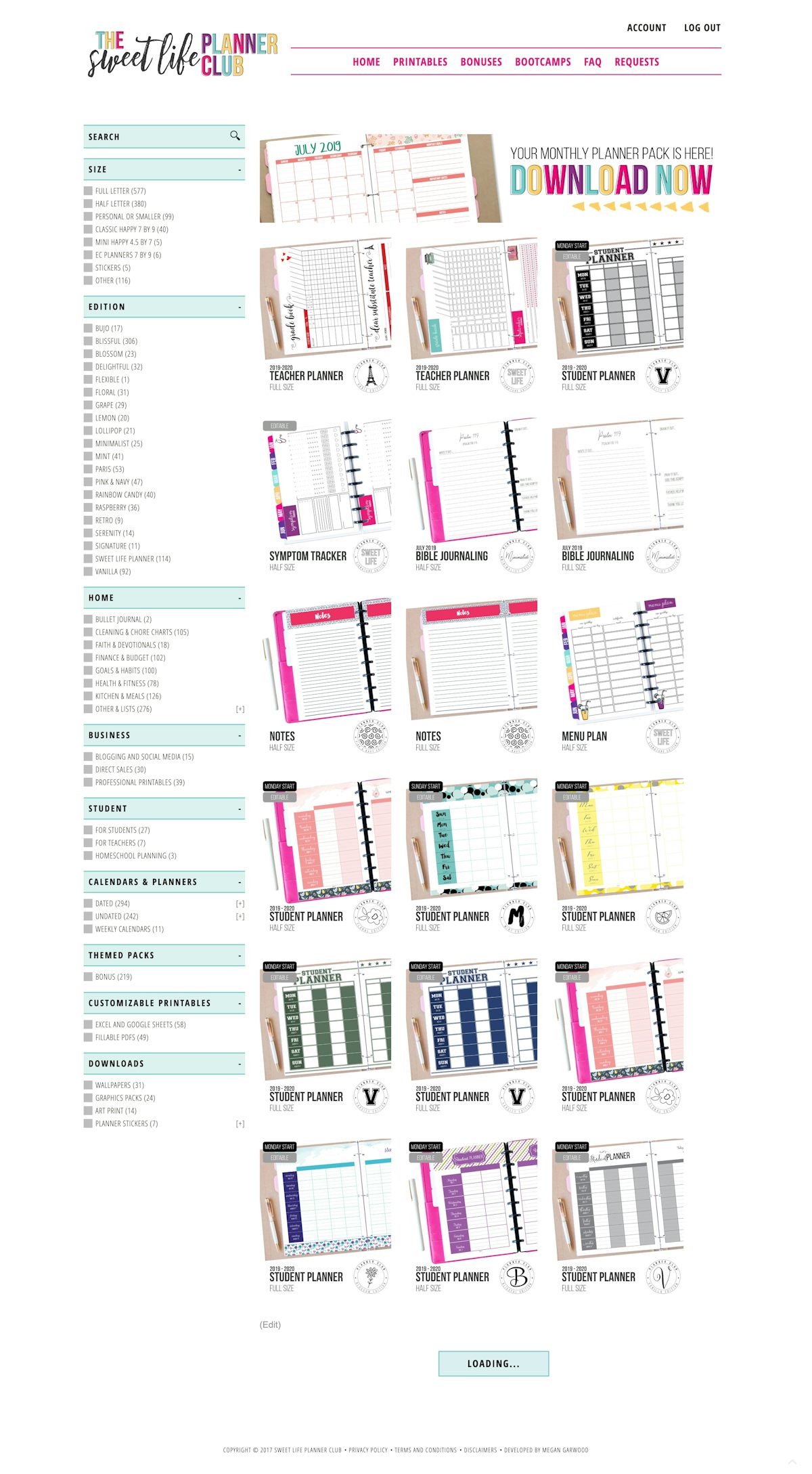 Screenshot of the Sweet Life Planner Club printables archive